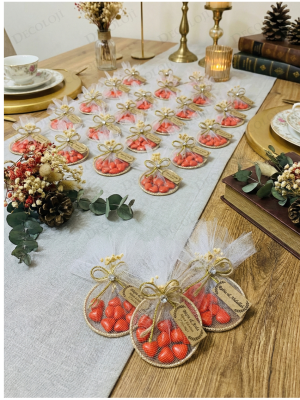 Jüt İp ve Tül Süslemeli Metal Halka & Kırmızı Kalp Şeker Hediyelik