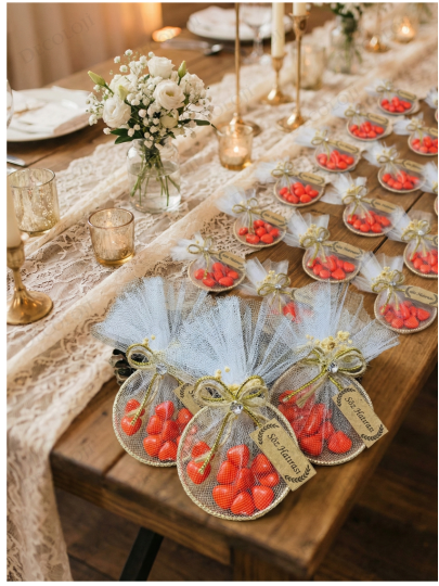 Nikah Şekeri - Jüt İp ve Tül Süslemeli Metal Halka & Kırmızı Kalp Şeker Hediyelik