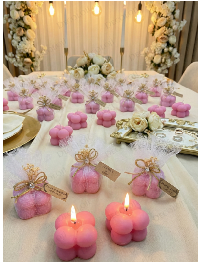 Nikah Şekeri - Jüt İp ve Tül Süslemeli Pembe Bubble Mum Hediyelik