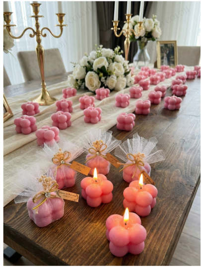 Nikah Şekeri - Jüt İp ve Tül Süslemeli Pembe Bubble Mum Hediyelik
