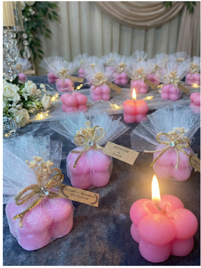 Nikah Şekeri - Jüt İp ve Tül Süslemeli Pembe Bubble Mum Hediyelik