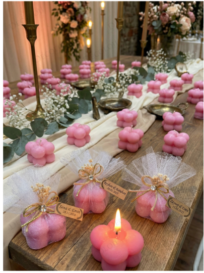 Nikah Şekeri - Jüt İp ve Tül Süslemeli Pembe Bubble Mum Hediyelik