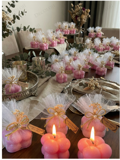 Nikah Şekeri - Jüt İp ve Tül Süslemeli Pembe Bubble Mum Hediyelik