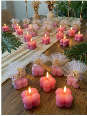 Jüt İp ve Tül Süslemeli Pembe Bubble Mum Hediyelik