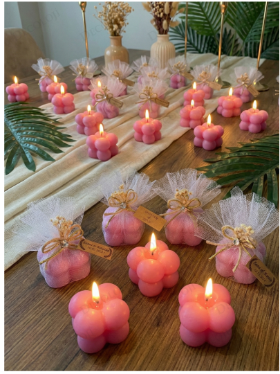 Nikah Şekeri - Jüt İp ve Tül Süslemeli Pembe Bubble Mum Hediyelik