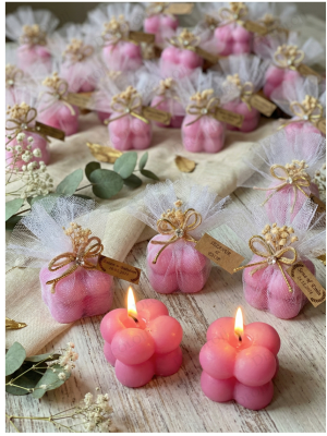 Jüt İp ve Tül Süslemeli Pembe Bubble Mum Hediyelik