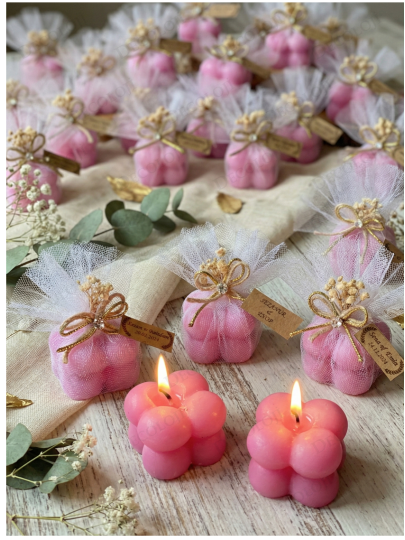 Nikah Şekeri - Jüt İp ve Tül Süslemeli Pembe Bubble Mum Hediyelik