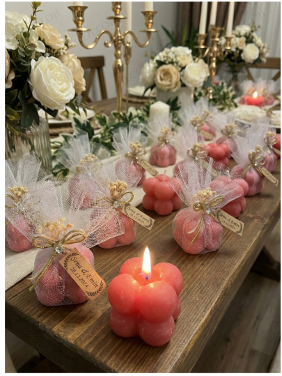 Nikah Şekeri - Jüt İp ve Tül Süslemeli Kırmızı Bubble Mum Hediyelik