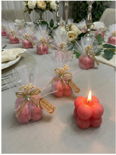 Nikah Şekeri - Jüt İp ve Tül Süslemeli Kırmızı Bubble Mum Hediyelik