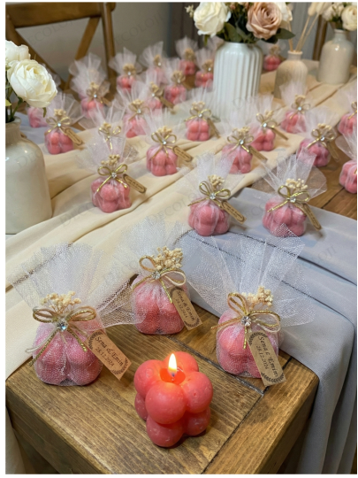 Nikah Şekeri - Jüt İp ve Tül Süslemeli Kırmızı Bubble Mum Hediyelik