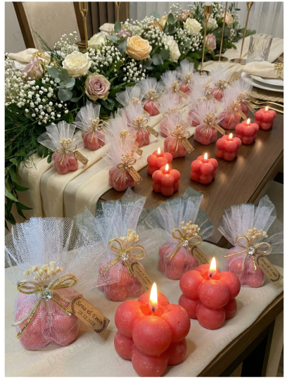 Nikah Şekeri - Jüt İp ve Tül Süslemeli Kırmızı Bubble Mum Hediyelik