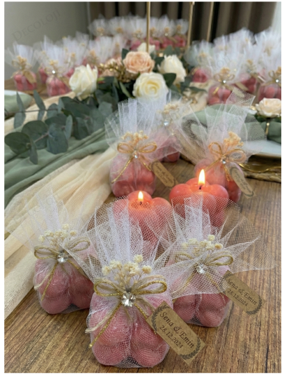 Nikah Şekeri - Jüt İp ve Tül Süslemeli Kırmızı Bubble Mum Hediyelik