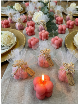 Jüt İp ve Tül Süslemeli Kırmızı Bubble Mum Hediyelik