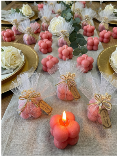 Nikah Şekeri - Jüt İp ve Tül Süslemeli Kırmızı Bubble Mum Hediyelik