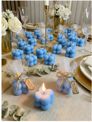 Jüt İp ve Tül Süslemeli Mavi Bubble Mum Hediyelik