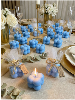 Jüt İp ve Tül Süslemeli Mavi Bubble Mum Hediyelik