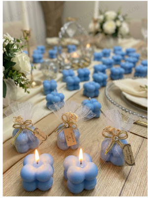 Jüt İp ve Tül Süslemeli Mavi Bubble Mum Hediyelik