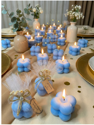 Jüt İp ve Tül Süslemeli Mavi Bubble Mum Hediyelik