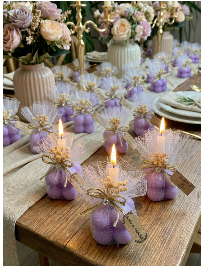 Nikah Şekeri - Jüt İp ve Tül Süslemeli Mor Bubble Mum Hediyelik