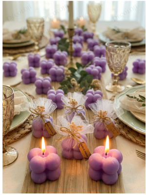 Jüt İp ve Tül Süslemeli Mor Bubble Mum Hediyelik