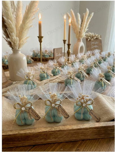 Nikah Şekeri - Jüt İp ve Tül Süslemeli Yeşil Bubble Mum Hediyelik Nikah Şekeri - Jüt İp ve Tül Süslemeli Yeşil Bubble Mum Hediyelik