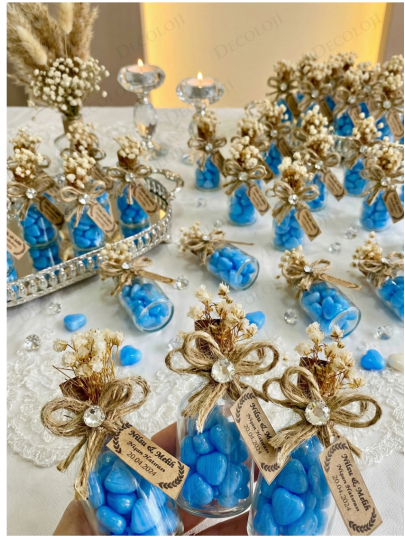 Nikah Şekeri - Jüt İp Süslemeli Cam Şişe & Mavi Kalp Şeker Hediyelik