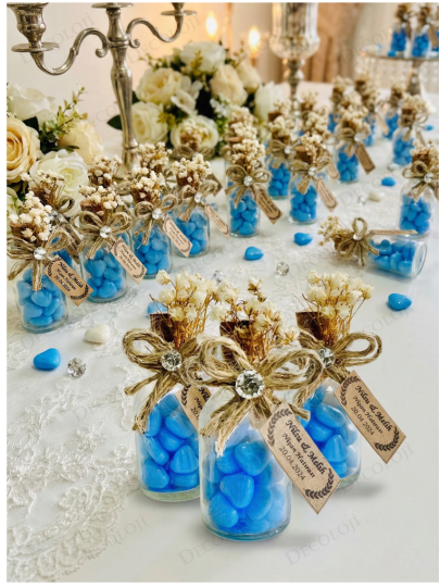 Nikah Şekeri - Jüt İp Süslemeli Cam Şişe & Mavi Kalp Şeker Hediyelik