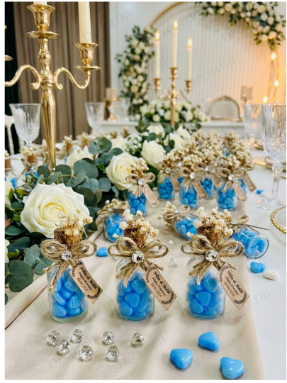 Nikah Şekeri - Jüt İp Süslemeli Cam Şişe & Mavi Kalp Şeker Hediyelik