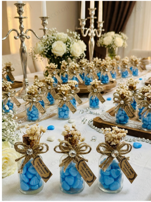 Jüt İp Süslemeli Cam Şişe & Mavi Kalp Şeker Hediyelik