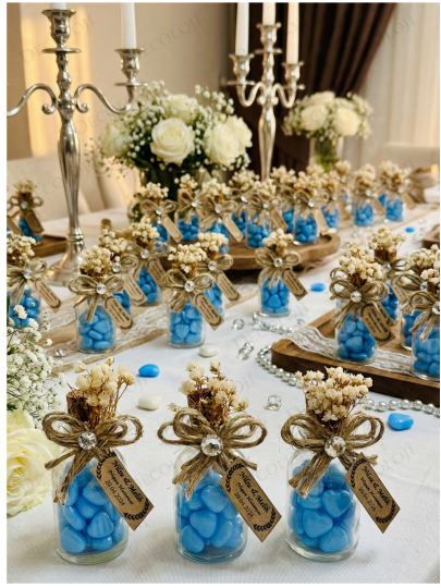 Nikah Şekeri - Jüt İp Süslemeli Cam Şişe & Mavi Kalp Şeker Hediyelik