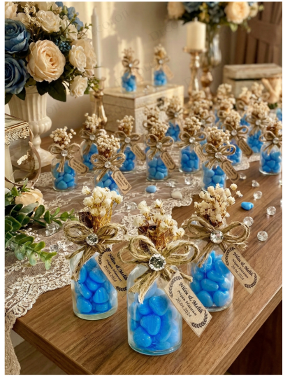 Nikah Şekeri - Jüt İp Süslemeli Cam Şişe & Mavi Kalp Şeker Hediyelik