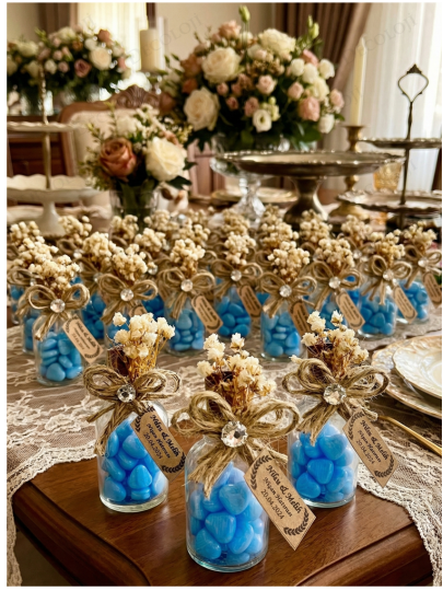 Nikah Şekeri - Jüt İp Süslemeli Cam Şişe & Mavi Kalp Şeker Hediyelik