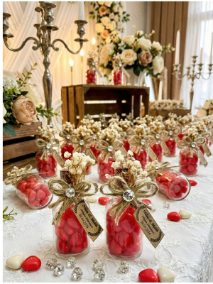 Jüt İp Süslemeli Cam Şişe & Kırmızı Kalp Şeker Hediyelik