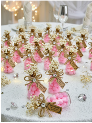 Jüt İp Süslemeli Cam Şişe & Pembe Kalp Şeker Hediyelik