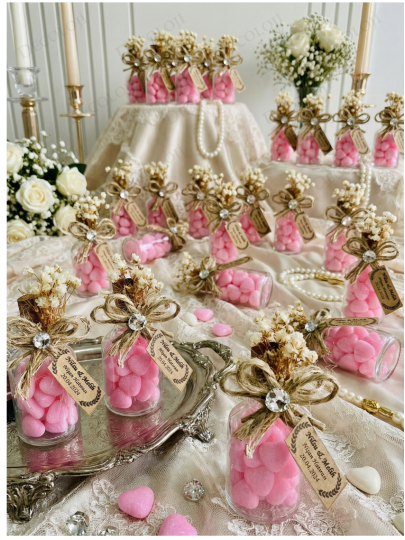 Nikah Şekeri - Jüt İp Süslemeli Cam Şişe & Pembe Kalp Şeker Hediyelik