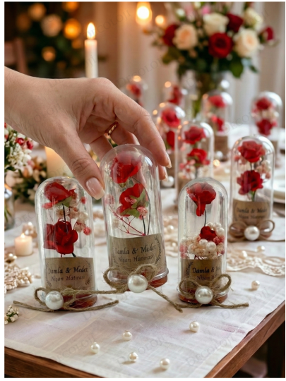 Nikah Şekeri - Jüt İp Süslemeli Kırmızı Çiçek & Fanus Hediyelik