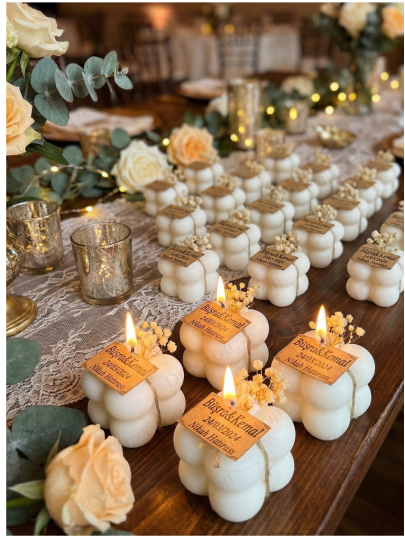 Nikah Şekeri - Kuru Çiçek Süslemeli Bubble Mum Hediyelik