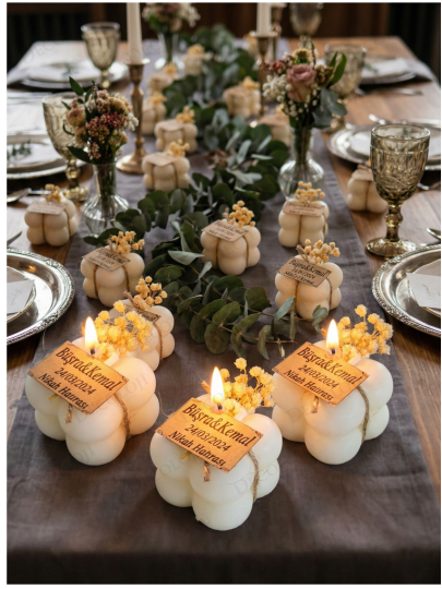 Nikah Şekeri - Kuru Çiçek Süslemeli Bubble Mum Hediyelik