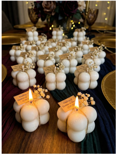 Nikah Şekeri - Kuru Çiçek Süslemeli Bubble Mum Hediyelik