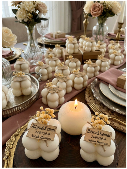 Nikah Şekeri - Kuru Çiçek Süslemeli Bubble Mum Hediyelik