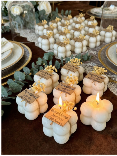 Nikah Şekeri - Kuru Çiçek Süslemeli Bubble Mum Hediyelik