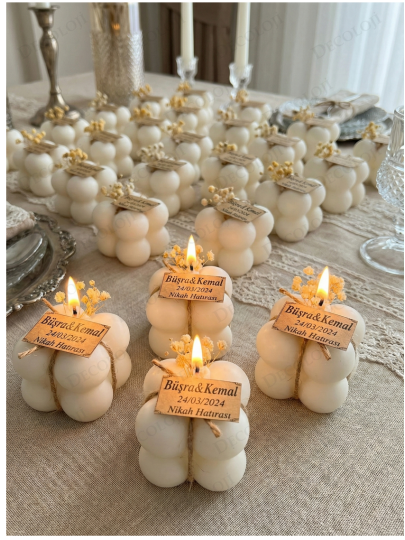 Nikah Şekeri - Kuru Çiçek Süslemeli Bubble Mum Hediyelik