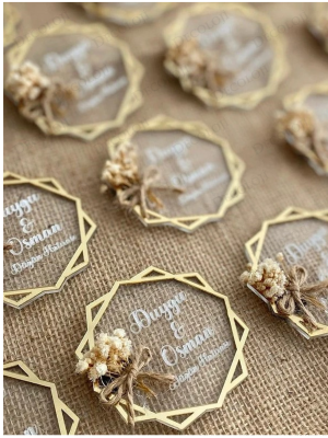 Jüt İp Süslemeli Şeffaf Altıgen Pleksi Magnet Hediyelik