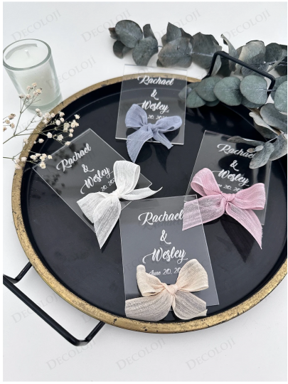 Nikah Şekeri - Nopeli Kurdele Süslemeli Şeffaf Çerçeve Pleksi Magnet Hediyelik