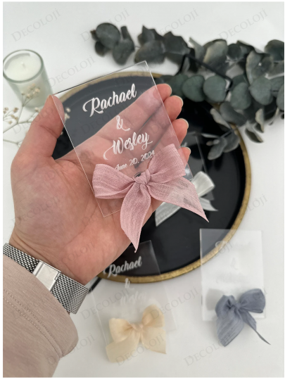 Nikah Şekeri - Nopeli Kurdele Süslemeli Şeffaf Çerçeve Pleksi Magnet Hediyelik