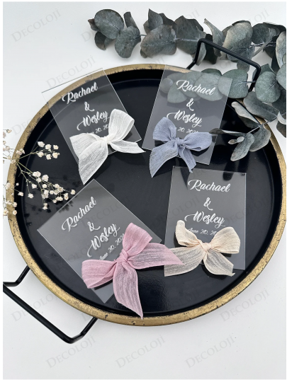 Nikah Şekeri - Nopeli Kurdele Süslemeli Şeffaf Çerçeve Pleksi Magnet Hediyelik