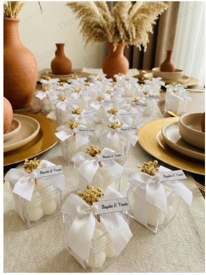 Nikah Şekeri - Kuru Çiçek ve Saten Kurdele Süslemeli Bubble Mum Hediyelik