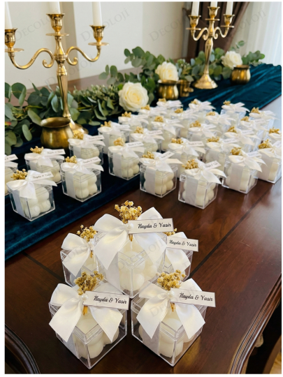 Nikah Şekeri - Kuru Çiçek ve Saten Kurdele Süslemeli Bubble Mum Hediyelik