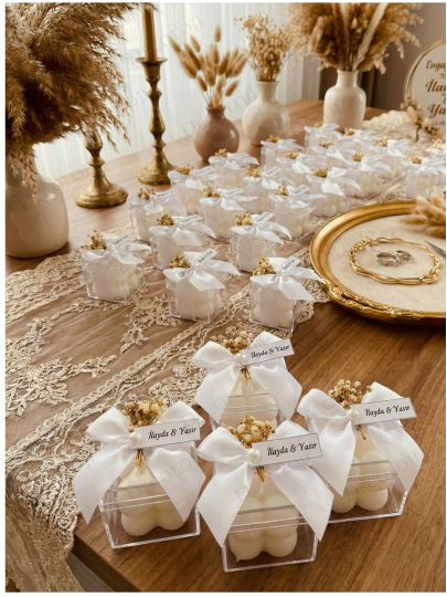 Nikah Şekeri - Kuru Çiçek ve Saten Kurdele Süslemeli Bubble Mum Hediyelik
