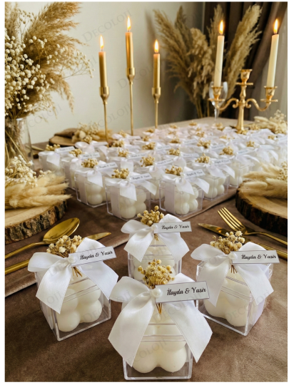 Nikah Şekeri - Kuru Çiçek ve Saten Kurdele Süslemeli Bubble Mum Hediyelik